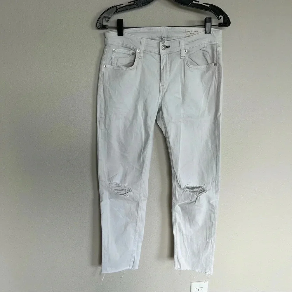 Rag & Bone Dre Low Rise Ankle Slim Boyfriend Jeans White W/ Holes Denim Women 26